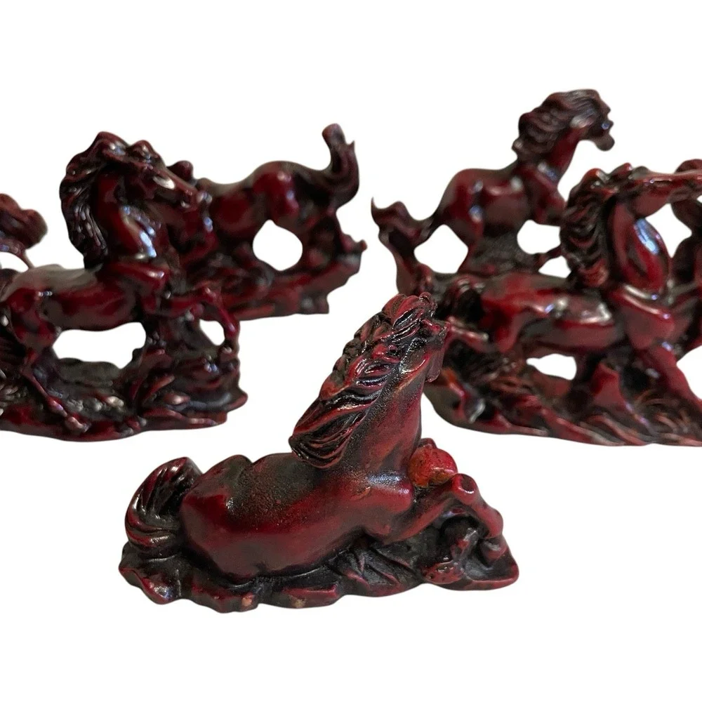 VTG Galloping Horse Figurine Set Home Decor Small Burgundy Red Cinnabar Style